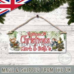 Personalised  Welcome To Christmas Door Sign Personalized House Name Plaque with Cute Christmas Mice